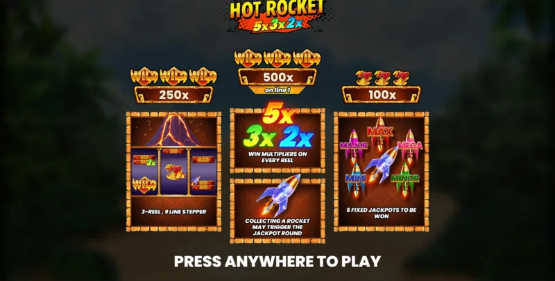 Hot Rocket 5x 3x 2x - Menú principal con carretes y botón de inicio
